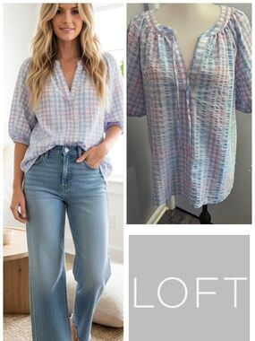 LOFT Pastel Plaid Peasant Top - Light Purple and Light Blue